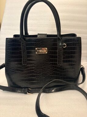 Bebe LA Black Croc Embossed Structured Satchel Gold tone Handle/Crossbody Strap